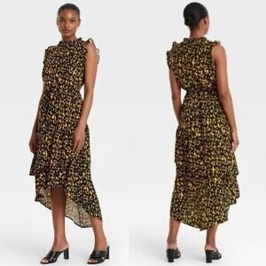 Who What Wear Black and Yellow Printed Midi Dress